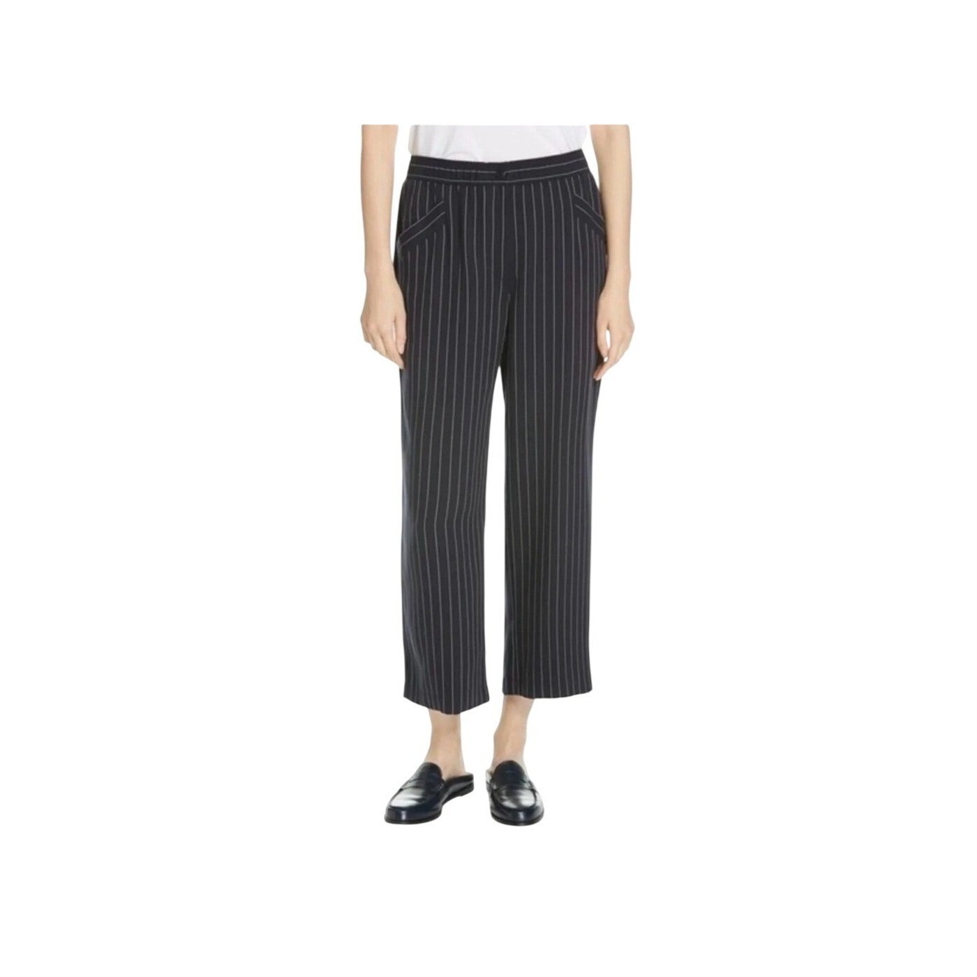 Eileen Fisher Nwt Wide Leg Pant Indigo Woven Tencel Grain Pinstripe Navy White L